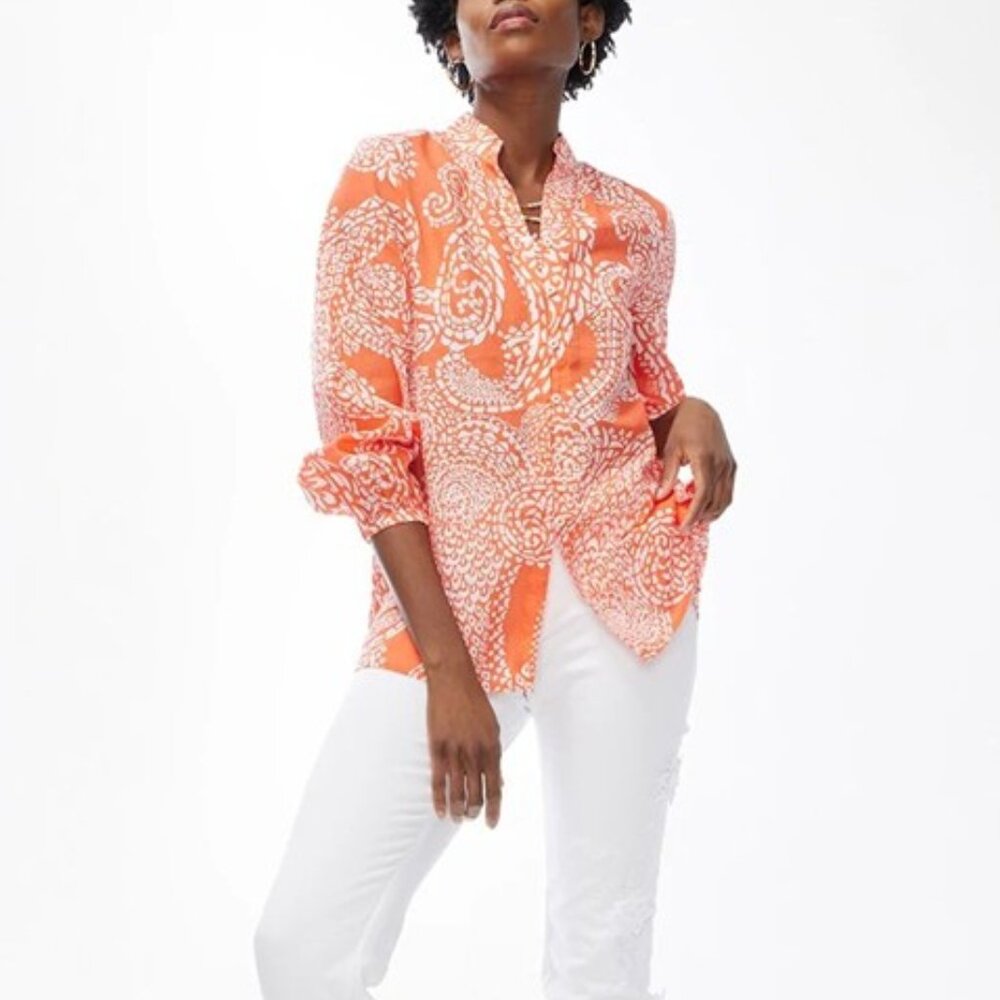 EUC Chico's Orange Mosaic Paisley Print Lightweight Shirt Top 3/4 Sleeves Size S
